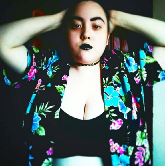 Black button down shirt (L) blue and pink flowers - Picture 1 of 5